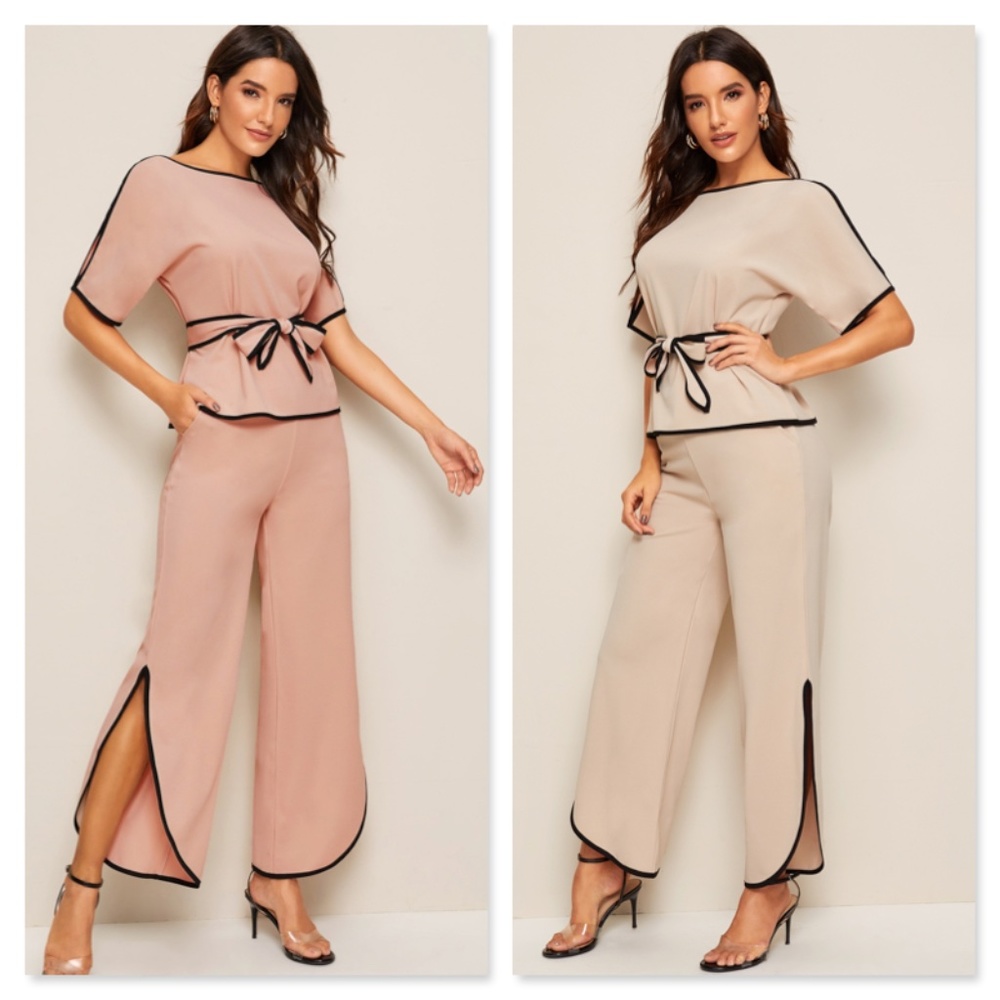 Contrast Trim 2 Piece Belted Pants Suit - Picture 6 of 9